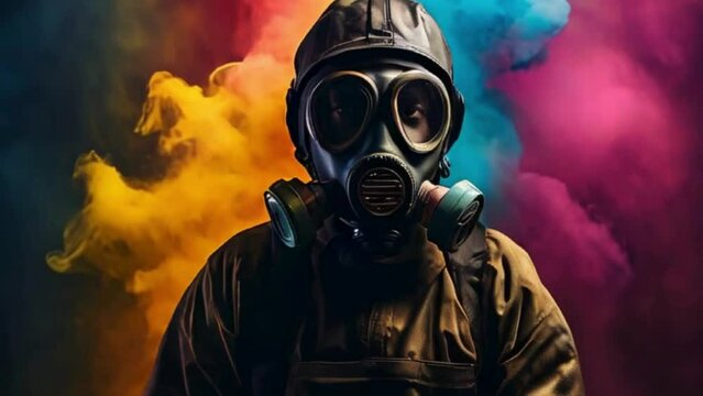  Person in Gas Mask Amidst Colorful Smoke Bombs