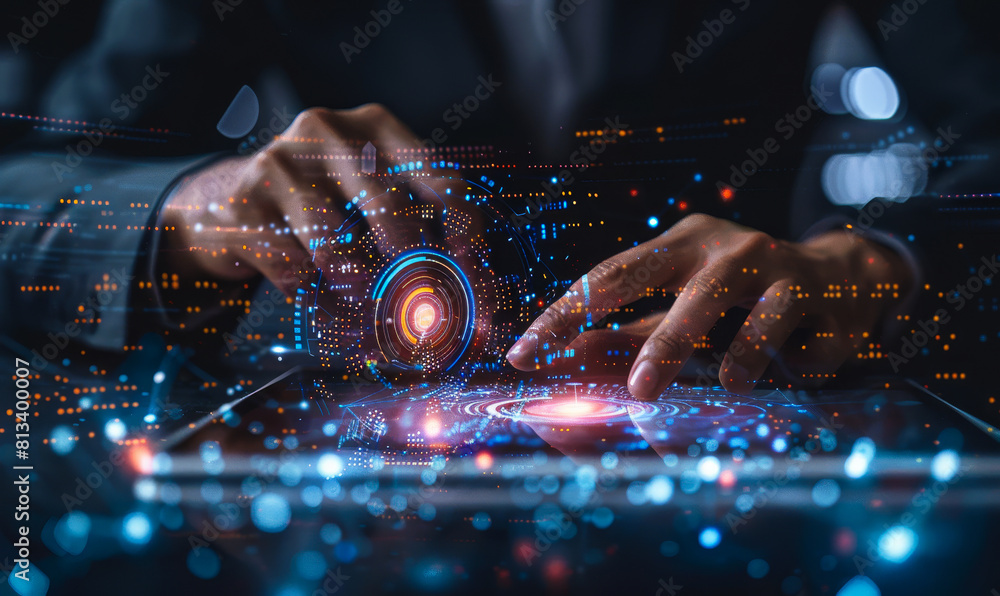 Poster cyber security expert with tablet protecting digital business data from cyber threats via virtual ne