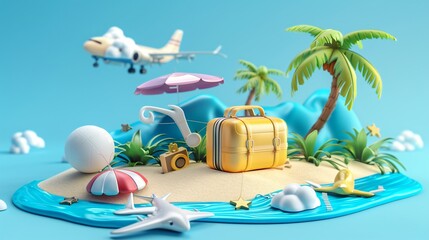 a beach with a palm tree, a boat, an airplane, a beach umbrella, a suitcase, and a pink flamingo float.