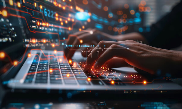 Coding Programmer on Laptop with Circuit Board and JavaScript - Digital Technology, Software Development Concept