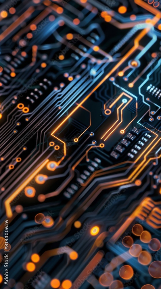 Fototapete a close up of a circuit board with orange and blue lines. concept of complexity and intricacy, as th