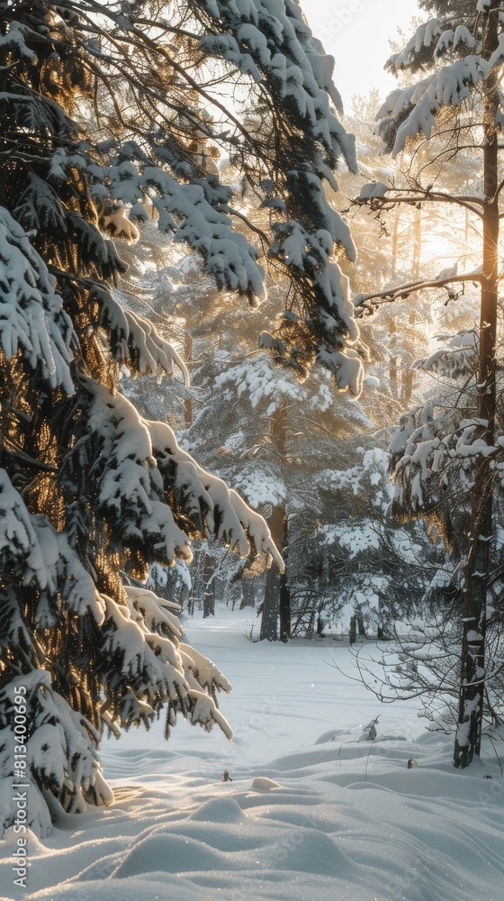 Poster a snow covered forest with a tree in the foreground. the snow is bright and sparkling in the sunligh