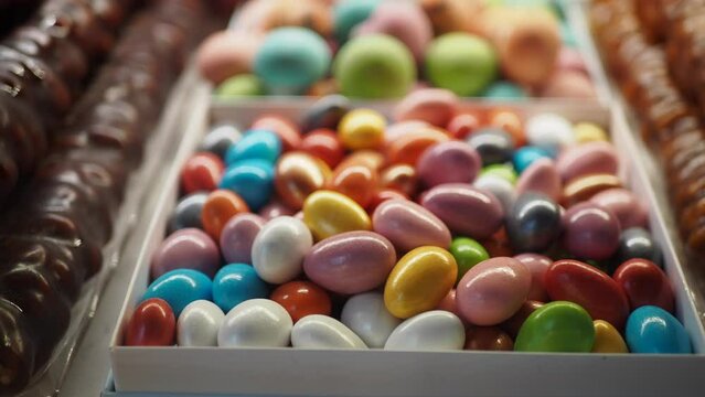 colorful candy sweet jelly in a glass jar displaying at candy shop 
