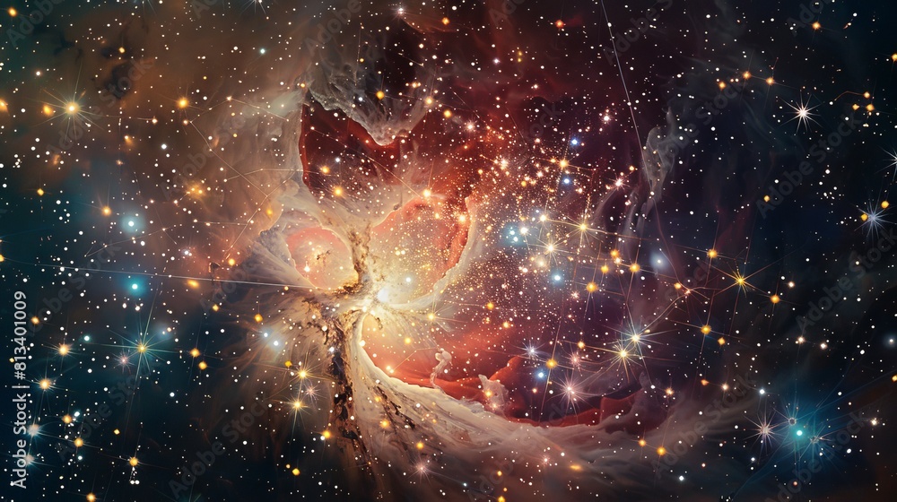 Poster a large star cluster stands out in the midst of a vast expanse filled with stars. the cluster appear