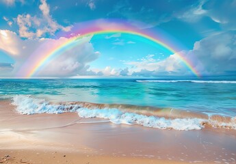 Beautiful rainbow over the ocean, beautiful beach, sky blue and turquoise colors, photo realistic, high resolution
