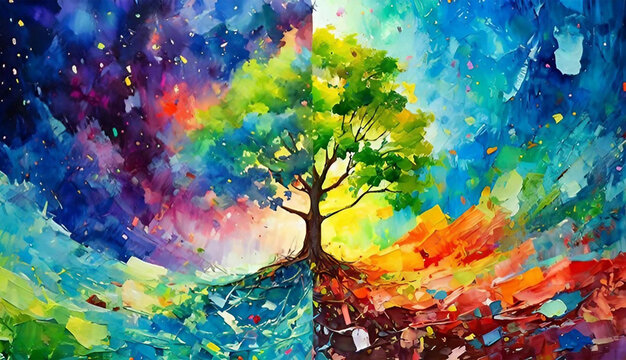 A Beautiful tree with colorful design, watercolor canvas, and wall painting generated ai
