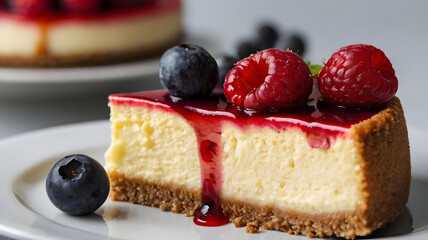Slice of cheesecake with fresh raspberries, blueberries, jam and mint. Food, dessert, stock image.
