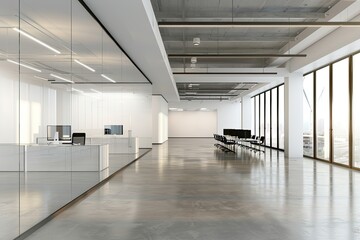 Bright and Clean Industrial Style Open Office Interior, Open Space with Lots of Table Desks and Chairs, Large Windows, High Empty Ceilings, a Concrete Floor.