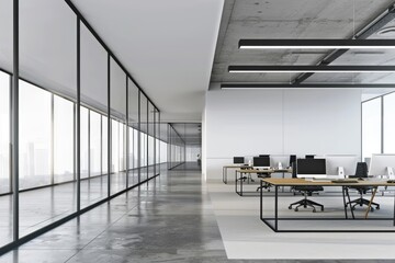 Bright and Clean Industrial Style Open Office Interior, Open Space with Lots of Table Desks and Chairs, Large Windows, High Empty Ceilings, a Concrete Floor.