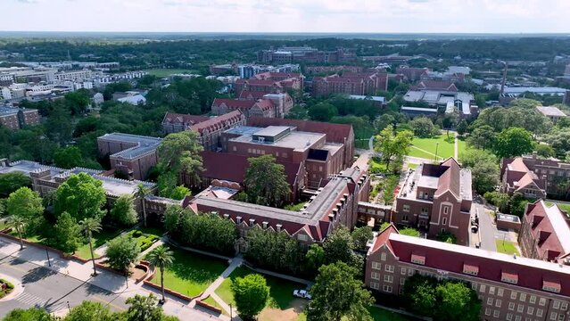 aerial pullout over florida state university campus buildings in tallahassee florida