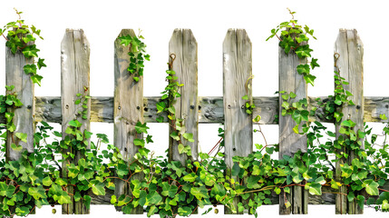 Naklejka premium old wooden fence overgrown with a weaving green ivy leaves, isolated on transparent background