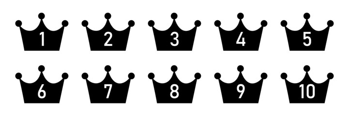 Ranking crown icon set. Ranking crown vector set in black color. From 1st place to 10th place ranking crown vector illustration. Crown ranking illustration set.