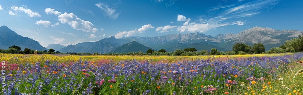 Poster a beautiful field of flowers with a blue sky in the background. the field is full of different color