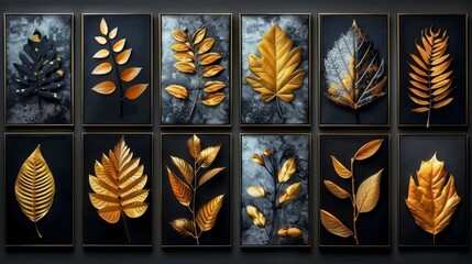 Wall decoration template set featuring abstract golden line art, tropical foliage, gold foil on dark background. Great for decorative, interior, prints, banners, etc.