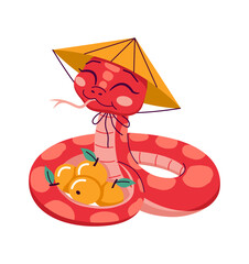 Happy snake with conical hat and tangerines 2D cartoon character. Chinese zodiac of year isolated vector animal white background