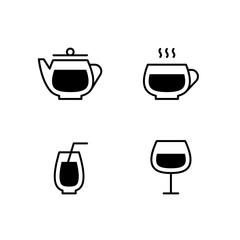 Vector drink design templates. Restaurant beverage icon set. Flat cafe menu symbol illustrations. Pictograms for coffee mug, tea cup, teapot, wine, juice, cocktail, soda, lemonade