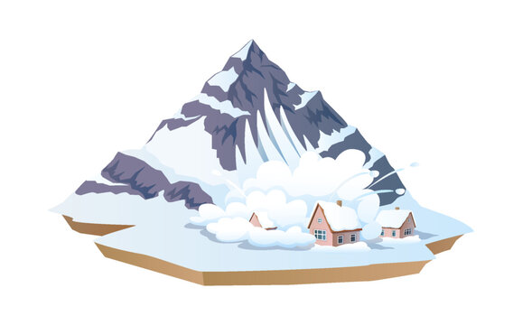 Avalanche in mountain village 2D cartoon objects. Dangerous nature disaster with snow at highland isolated line vector scene on white background