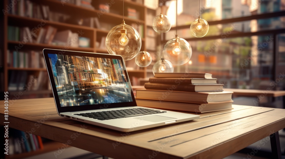 Aufkleber Generative AI Setting of a library desk with books and a laptop, portraying the essence of education technology and e-learning