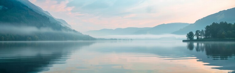 Fototapeta premium A body of water sits nestled among towering mountains, shrouded in mist. The fog adds a mystical atmosphere to the scene, creating a sense of depth and mystery.