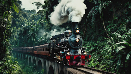 An old steam locomotive rushes through the dense jungle. a long train line-up. the train is traveling over the bridge. Railway Worker's Day