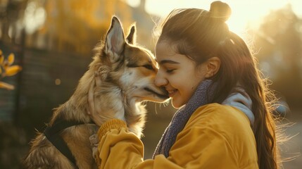 A woman wearing a yellow jacket is affectionately hugging a dog, showcasing the strong bond between a pet and its owner. Both the woman and the dog seem happy and content in each others company.