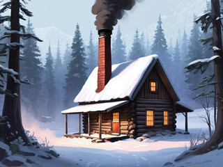 A digital painting of a cozy cabin nestled in a snowy forest, smoke curling from the chimney