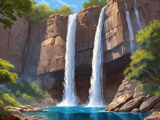A digital painting of a majestic waterfall cascading down a rocky cliff into a crystal-clear pool