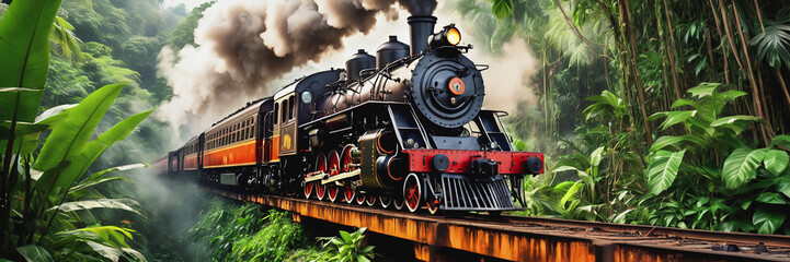 Fototapeta premium An old steam locomotive rushes through the dense jungle. a long train line-up. the train is traveling over the bridge. Railway Worker's Day