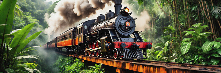 Obraz premium An old steam locomotive rushes through the dense jungle. a long train line-up. the train is traveling over the bridge. Railway Worker's Day