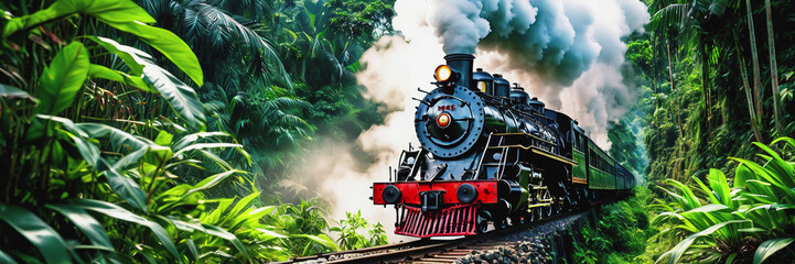 An old steam locomotive rushes through the dense jungle. a long train line-up. the train is traveling over the bridge. Railway Worker's Day