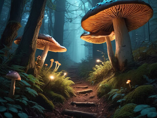 A mystical forest with glowing mushrooms, towering trees, and a hidden path leading deeper into the woods