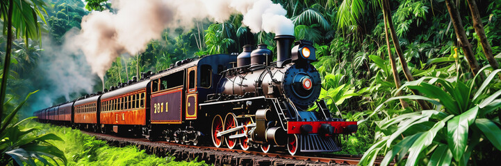 Obraz premium An old steam locomotive rushes through the dense jungle. a long train line-up. the train is traveling over the bridge. Railway Worker's Day