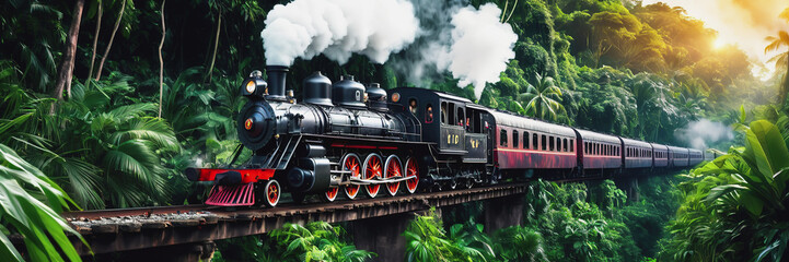 Naklejka premium An old steam locomotive rushes through the dense jungle. a long train line-up. the train is traveling over the bridge. Railway Worker's Day