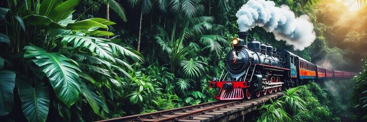Naklejka premium An old steam locomotive rushes through the dense jungle. a long train line-up. the train is traveling over the bridge. Railway Worker's Day