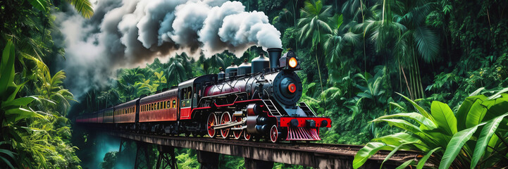 Fototapeta premium An old steam locomotive rushes through the dense jungle. a long train line-up. the train is traveling over the bridge. Railway Worker's Day