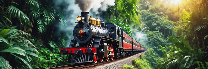 Obraz premium An old steam locomotive rushes through the dense jungle. a long train line-up. the train is traveling over the bridge. Railway Worker's Day