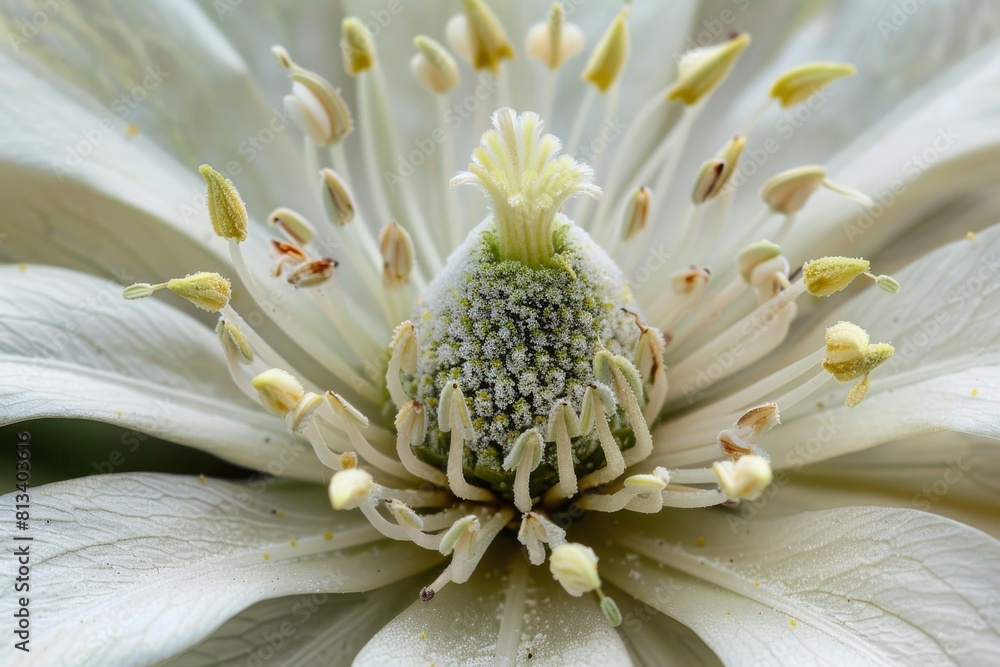 Poster a close up of a flower with a white center and green leaves. the flower is in the middle of a field