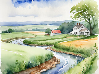 Scenic summer landscape with a winding river flowing through a green village with houses and farms