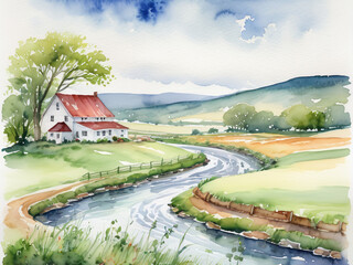 Scenic summer landscape with a winding river flowing through a green village with houses and farms