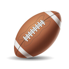 American football ball vector illustration. Brown leather accessory for rugby game. Sports inventory 3d object on white background