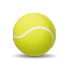 Tennis ball realistic vector illustration. Yellow sphere with curved stripe for sports game. Training equipment 3d object on white background