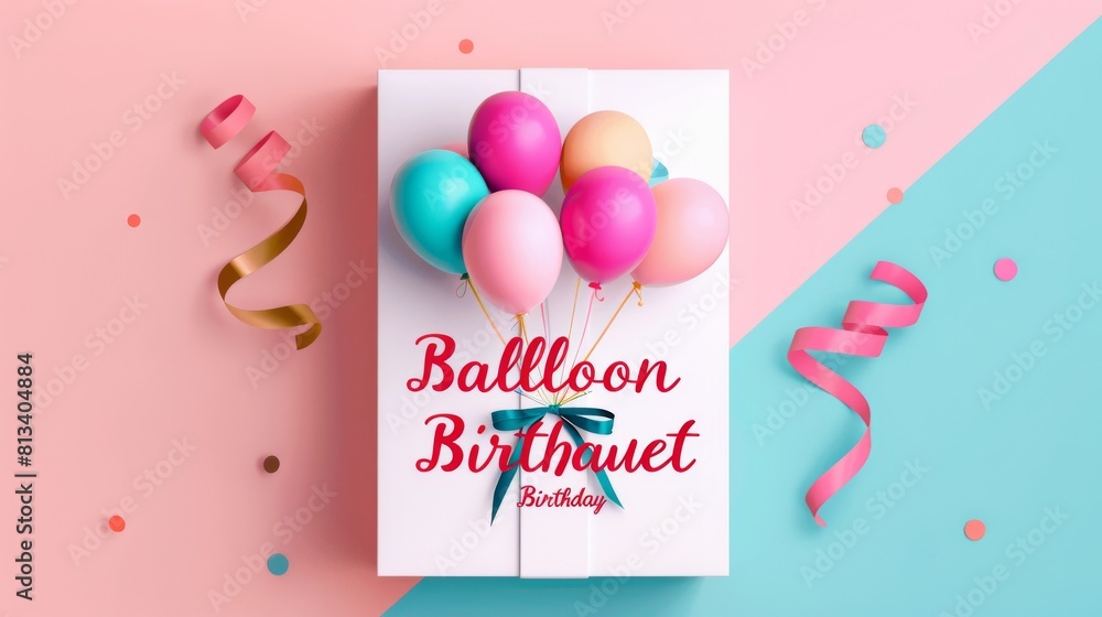 Poster a birthday card adorned with vibrant balloons and colorful streamers, creating a festive and joyful 