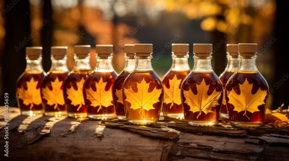 Wall mural generative ai bottles of pure, golden maple syrup arranged against a rustic maple tree backdrop