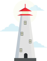 Nautical lighthouse cartoon navigation light tower with clouds vector flat illustration