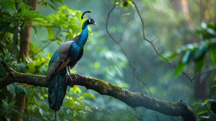 Obraz premium A vibrant Indian blue peafowl perched gracefully on a tree branch in the heart of a dense forest, surrounded by lush greenery. The peacocks colorful feathers shimmer in the dappled sunlight filtering 