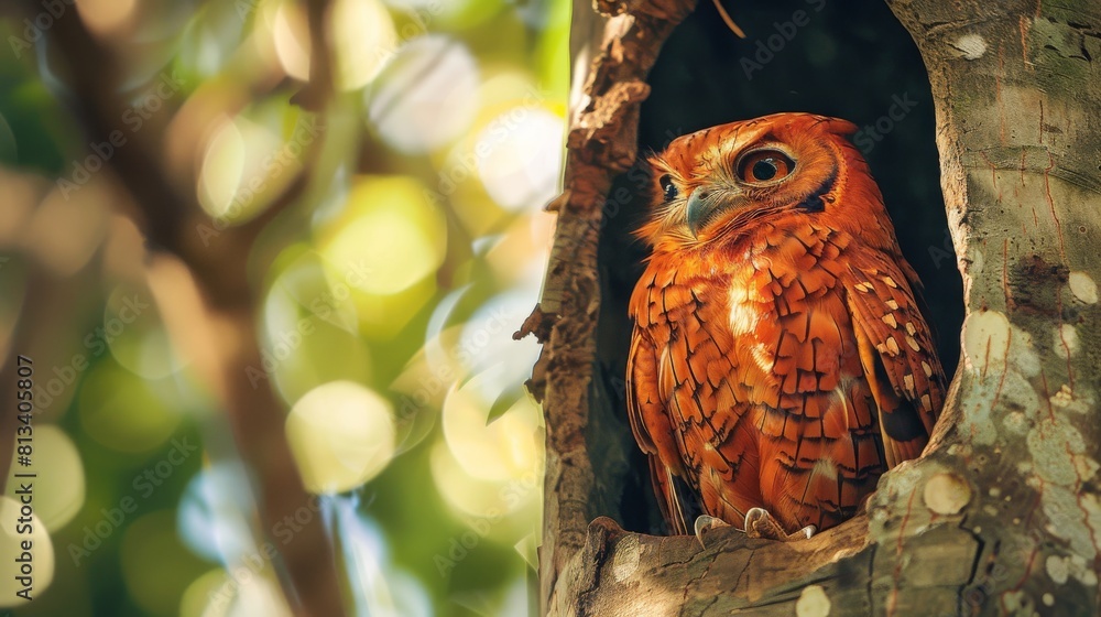 Aufkleber A Madagascar Red Owl is perched inside a hollow in a tree, looking out attentively. The owls feathers blend in with the trees bark, camouflaging it from potential threats.