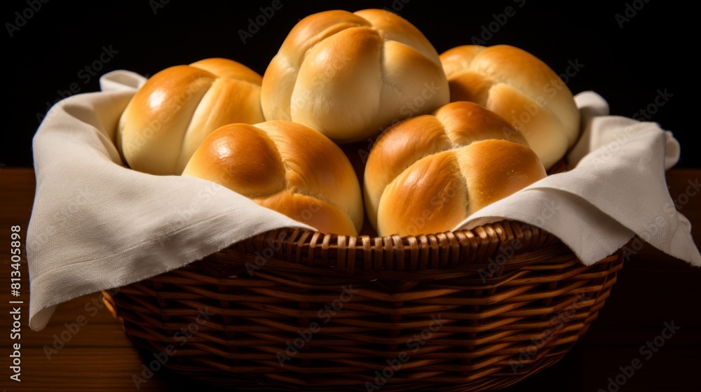 Poster generative ai soft and fluffy dinner rolls arranged in a woven basket, perfect for a family gatherin