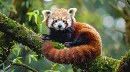 A red panda is perched on a tree branch covered in moss, exhibiting its agile and curious nature....