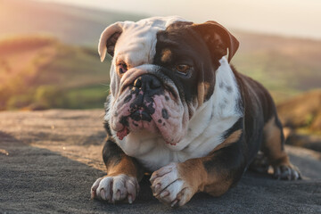 English British Bulldog Dog laying on top of mountains at sunset