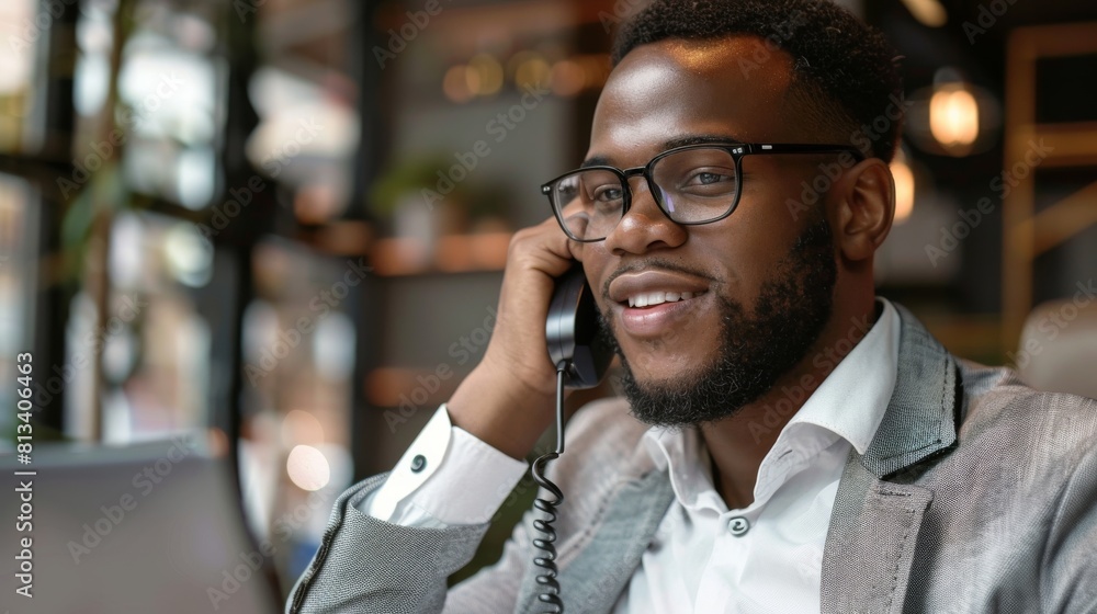 Poster A man with glasses is engaged in conversation on a cell phone. He appears focused and attentive as he communicates verbally through the device.